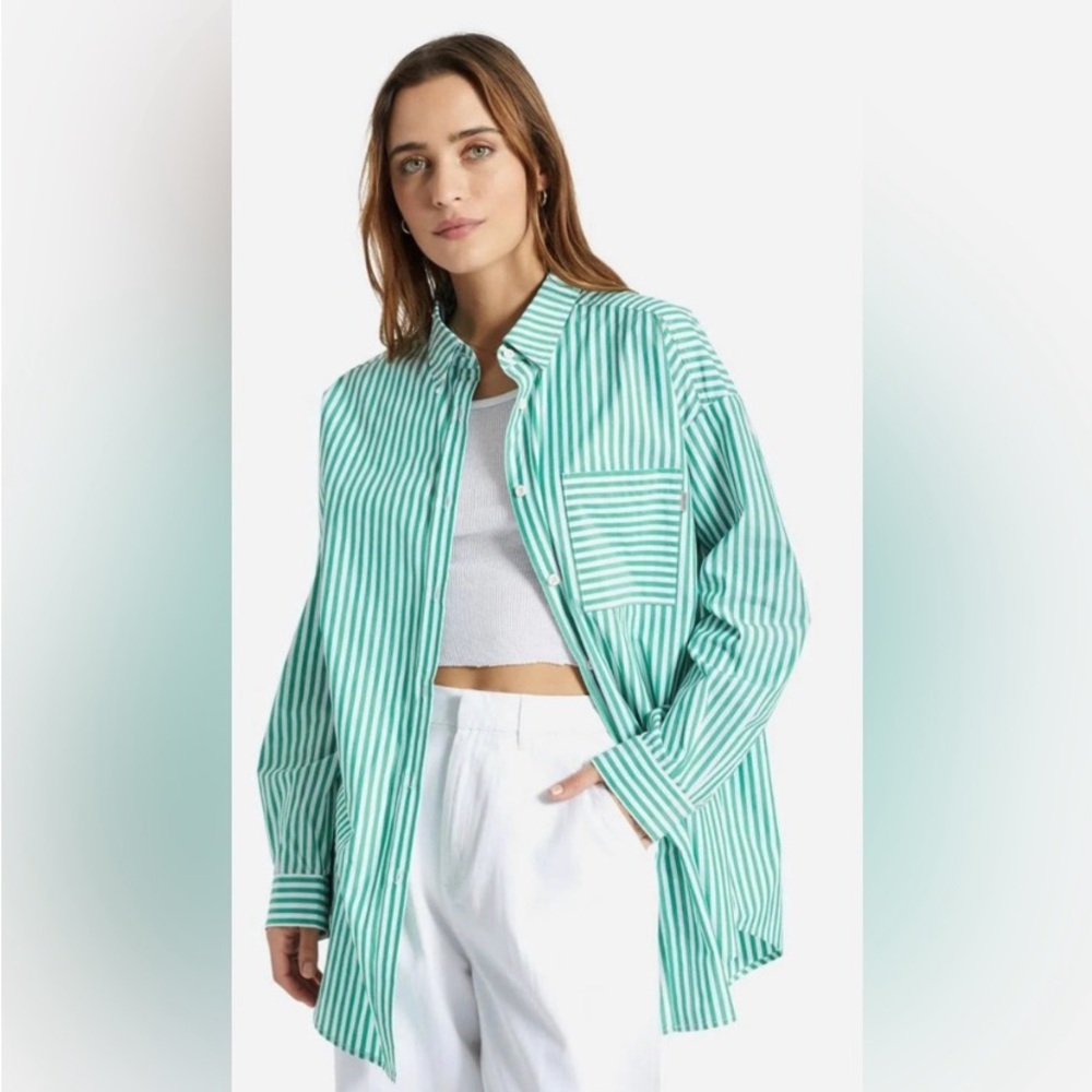Brixton Green and White Striped Button Down Shirt